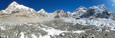 Mount Everest base camp, Khumbu glacier, panoramic view with Mount Everest, Nuptse peak and Mt Pumori, sagarmatha national park, Solu Khumbu, Nepal Himalayas mountains