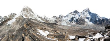 Mount Everest Mt Nuptse and Pumori peak isolated on white, panoramic view of himalayas mountains, way to Everest base camp, Khumbu valley, Sagarmatha national park, Nepal Himalaya mountain