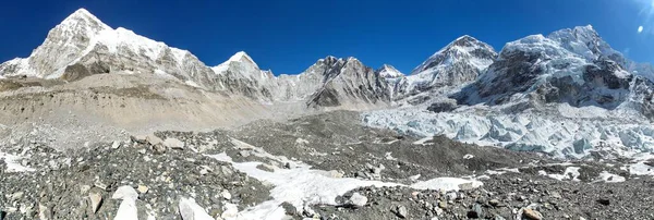 Mount Everest base camp, Khumbu glacier, panoramic view with Mount Everest, Nuptse peak and Mt Pumori, sagarmatha national park, Solu Khumbu, Nepal Himalayas mountains