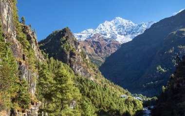 Dudh Koshi nehir kanyonu Lukla ve Namche Bazar arasında, Himalaya yamaçları Khumbu vadisinde, Everest ana kampına kadar, Nepal Himalayalar dağları.