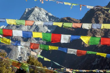 Arka planda Himalayalar, Nepal ve Tibet Budizmi ile bayraklar var.