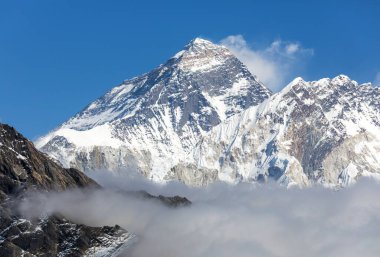 Everest Zirvesi ve Nuptse Dağı, Renjo Geçidi 'nden Everest Ana Kampı' na ve üç geçiş yolu Khumbu Vadisi, Solu Khumbu, Sagarmatha Ulusal Parkı, Nepal Himalaya Dağı