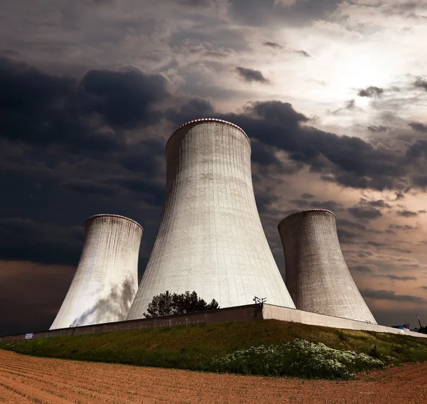 Evening colored view of cooling tower — Stock Photo, Image