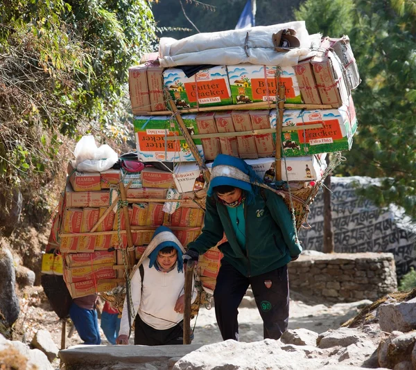 Sherpa hordárok, csomagmegőrzők az áruk — Stock Fotó