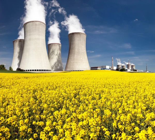 Cooling tower and rapeseed field — Stock Photo, Image