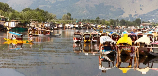 Barcos Shikara en el lago Dal con casas flotantes en Srinagar —  Fotos de Stock