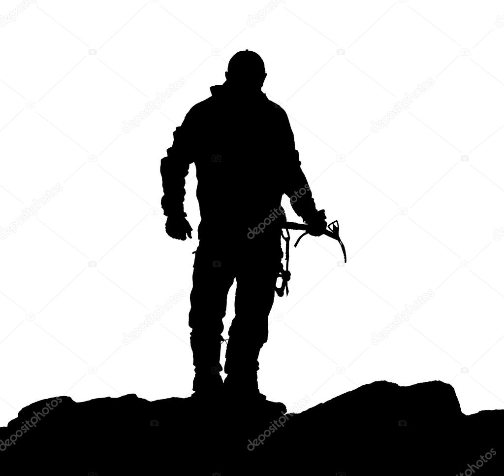 black silhouette of climber with ice axe in hand