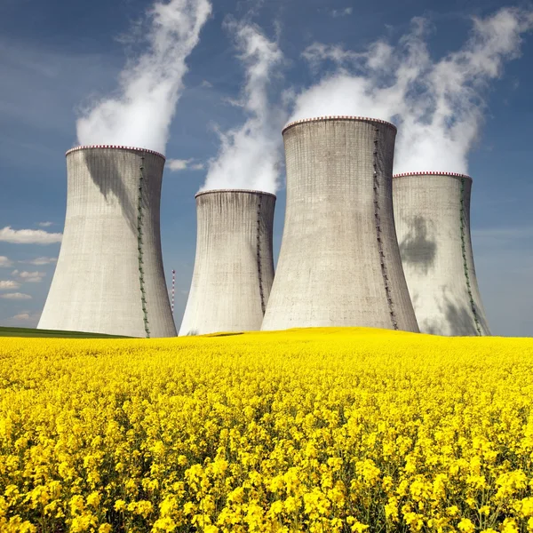 Cooling tower and rapeseed field — Stock Photo, Image