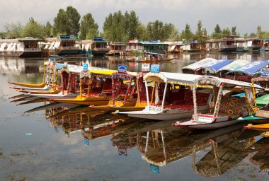 Shikara boats on Dal Lake with houseboats in Srinagar clipart