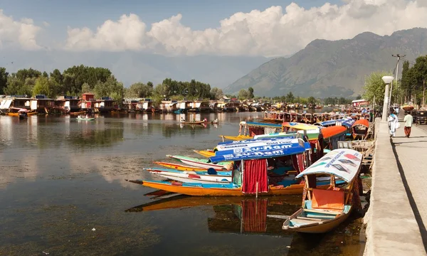 Barcos Shikara en el lago Dal con casas flotantes en Srinagar —  Fotos de Stock