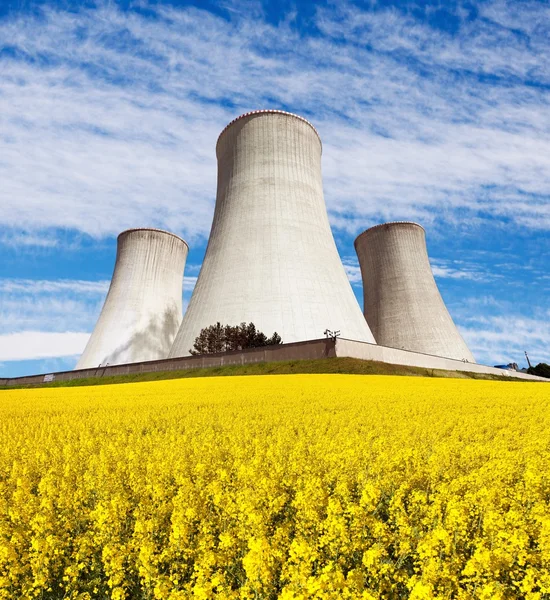Nuclear power plant with field of rapeseed — Stock Photo, Image