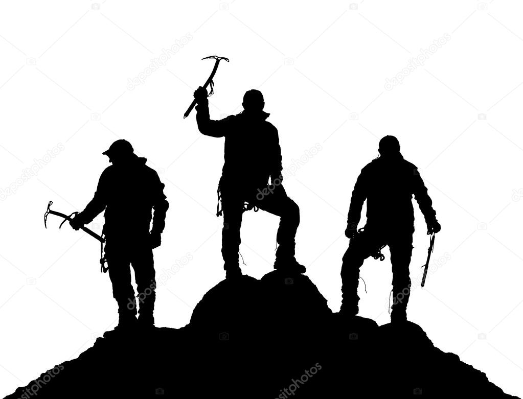 black silhouette of three climbers with ice axe in hand