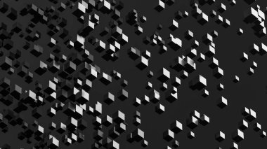 Soyut siyah beyaz arka plan. Karanlık illüstrasyon. Uzayda küpler. Rastgele boyut. 3d resim.