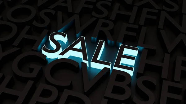 The word sale. Advertising discounts. 3d illustration.The blue glow of the letters. Commercial ad. Light in the dark.