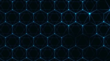 Parçacık çizgileri ve altıgenlerin mavi soyut arkaplanı. Döngülü animasyon. Noktaların boyutunu değiştiriyorum. 4 bin. HD