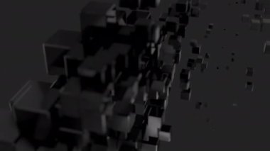Parlak küplerin koyu soyut arka planı boyut değiştirip uzayda uçuyor. Döngülü video görüntüleri.