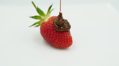 One red strawberry berry on a white background is poured with chocolate.