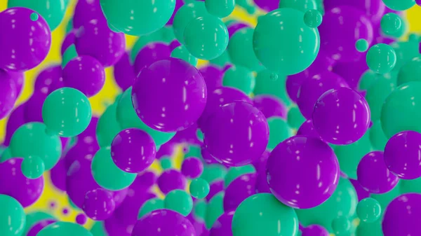 Blue Green Shiny Balls Different Sizes Space Yellow Background Close — ストック写真