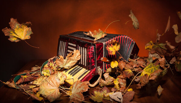 Винтажный аккордеон среди осенних листьев
