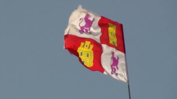 Ondeando en el viento la bandera de León sobre el fondo azul del cielo — Vídeos de Stock