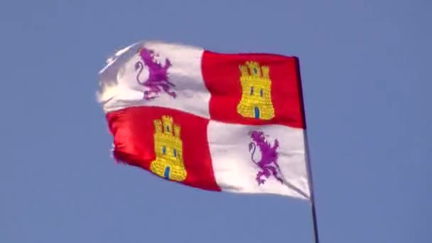 Ondeando en el viento la bandera de León sobre el fondo azul del cielo — Vídeos de Stock