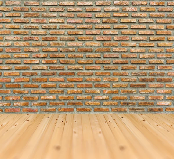 Vintage old grunge brick wall pine wood floor room architecture — Stock Photo, Image