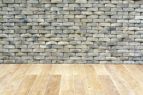 Gray stone brick wall wooden floor room interior background arch — Stock Photo, Image