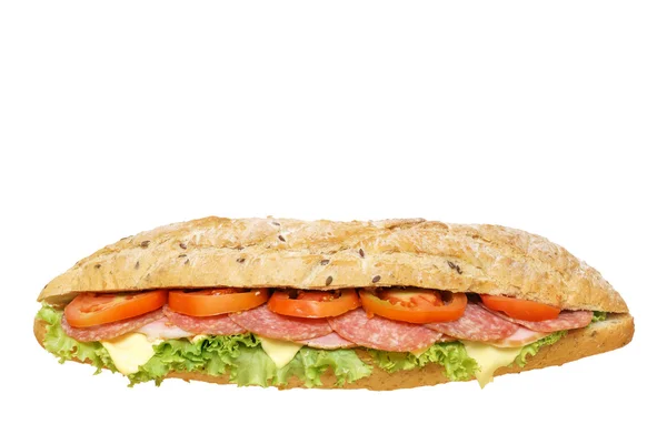 Voet lang salami kaas sub broodje ham geïsoleerd op witte backg — Stockfoto