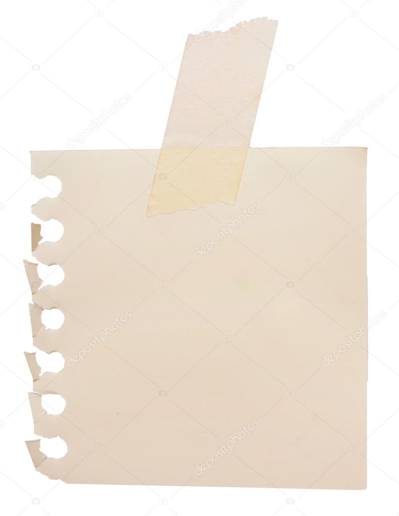 Sticky tape on note paper isolated on white background