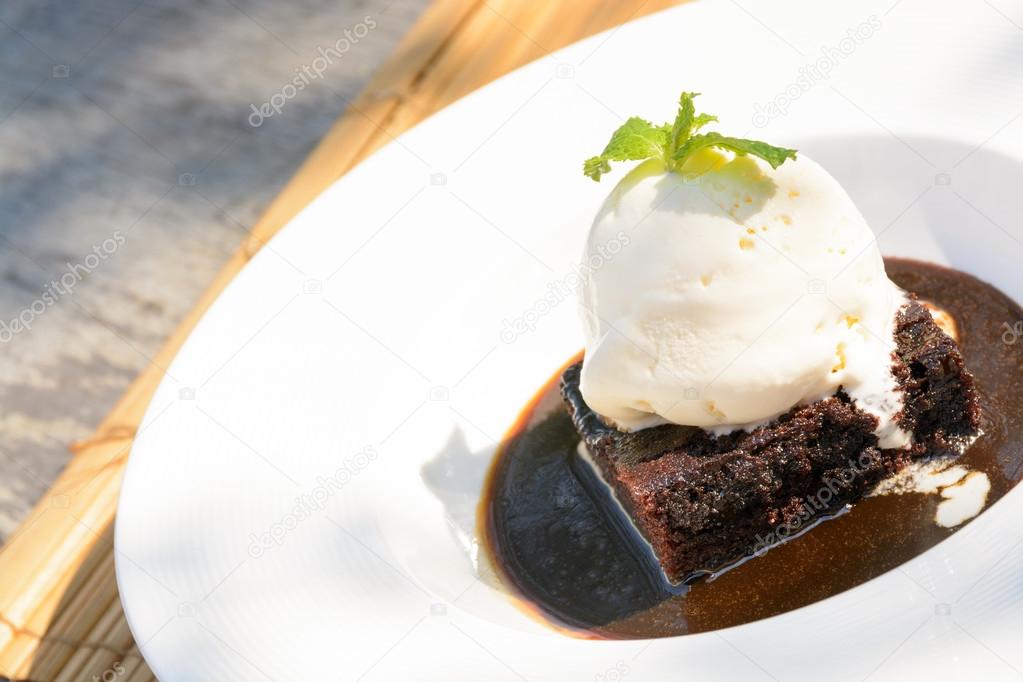 Chocolate cake with hot fudge and vanilla ice cream
