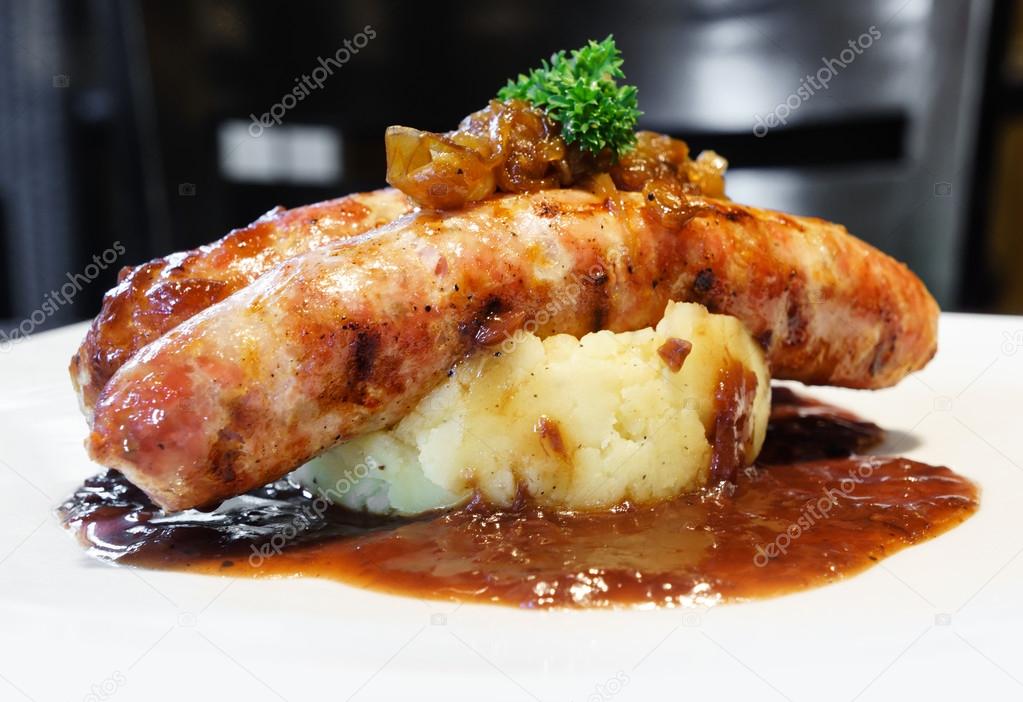 Pork sausage with mash potato