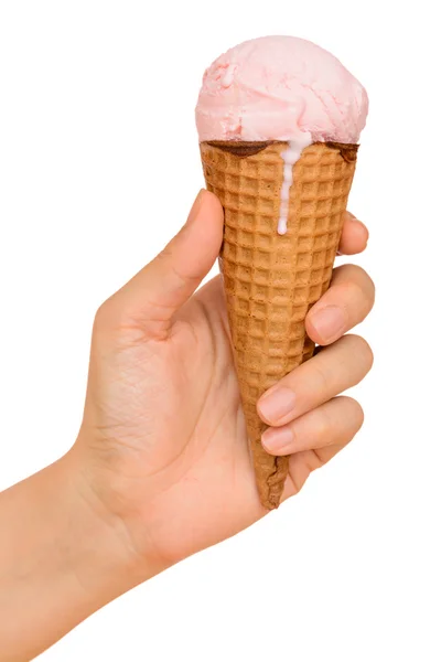 Hand holding strawberry ice cream cone isolated on white background — Stock Photo, Image