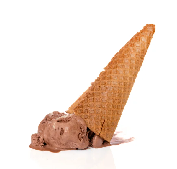 Drop chocolate ice cream cone — Stock Photo, Image