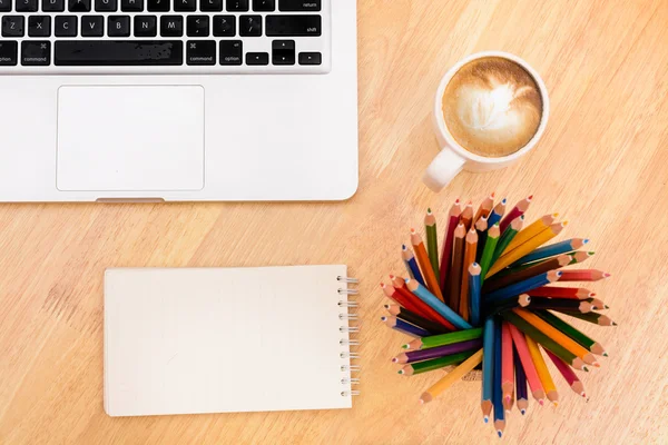 Top view workspace with computer and coffee — Stock Photo, Image