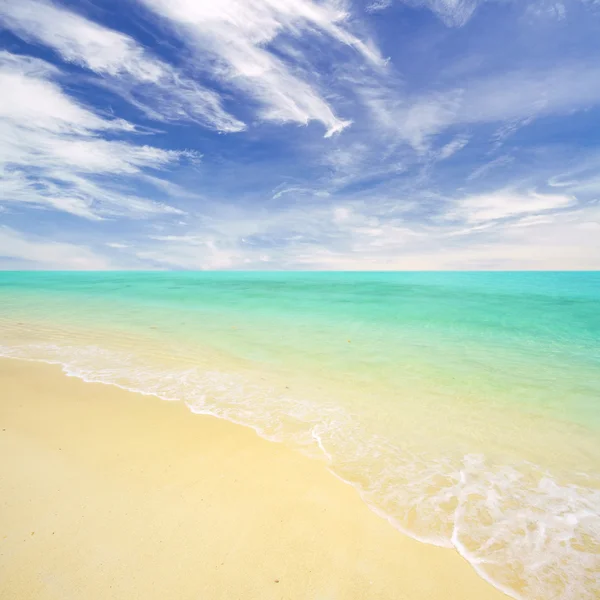 グリーン ターコイズ ブルーの海の砂浜のビーチと夏明るく青い空 — ストック写真