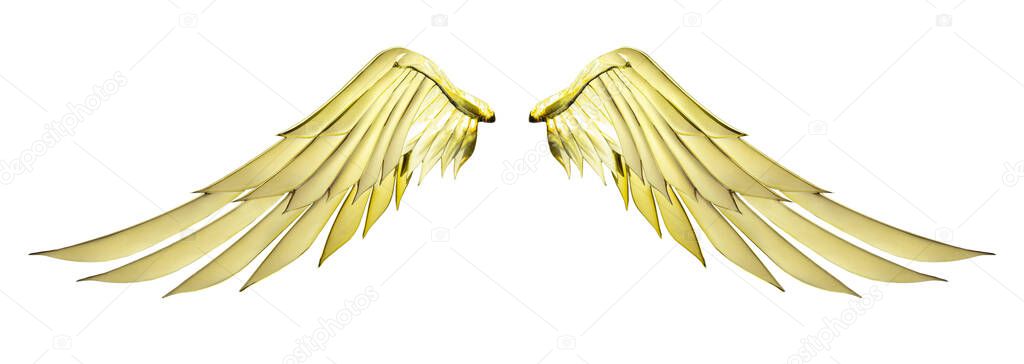 Two golden angel wings with gold color isolated on white background and clipping path