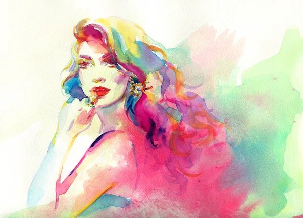 Ilustração Aquarela Retrato Feminino Ilustração Moda — Fotografia de Stock