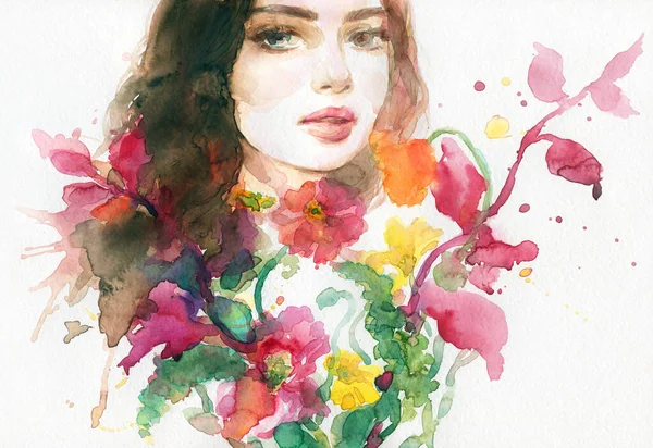 Watercolor Painting Female Portrait Illustration — Stock Photo, Image