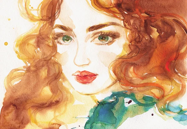 Pintura Aquarela Retrato Feminino Ilustração — Fotografia de Stock