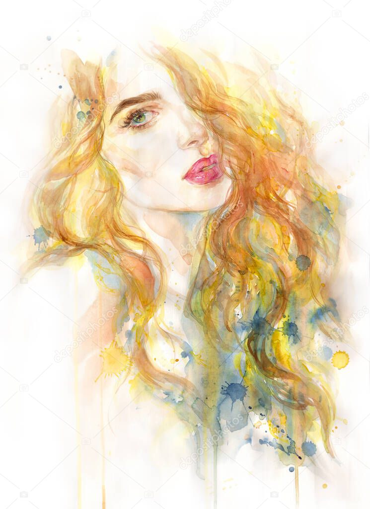 watercolor painting. fantasy female portrait. fashion illustration. 