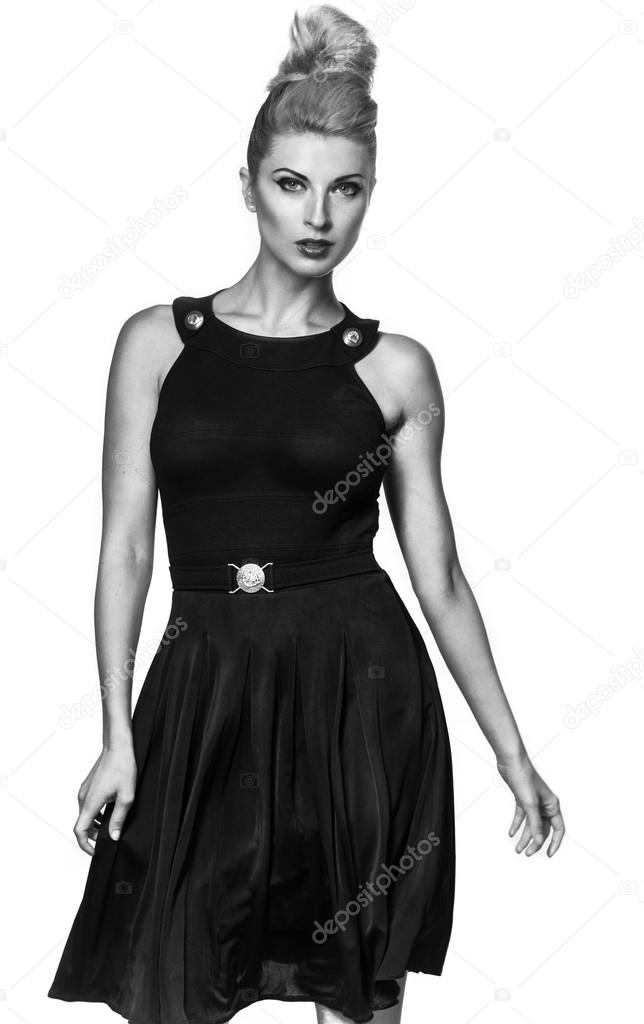Blond woman in black dress