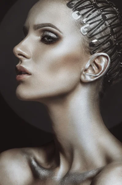 Portrait of woman with silver makeup — Stok fotoğraf