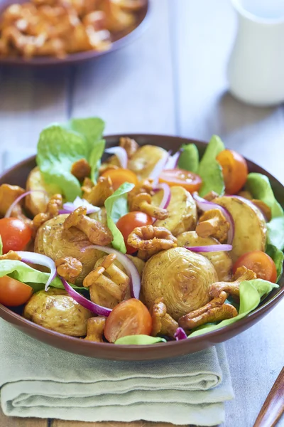 Potato salad with chanterelles, tomatoes and onions — Stock Photo, Image