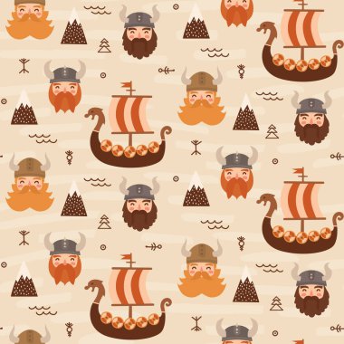 Vikinglerle kusursuz desen, vektör illüstrasyonu 