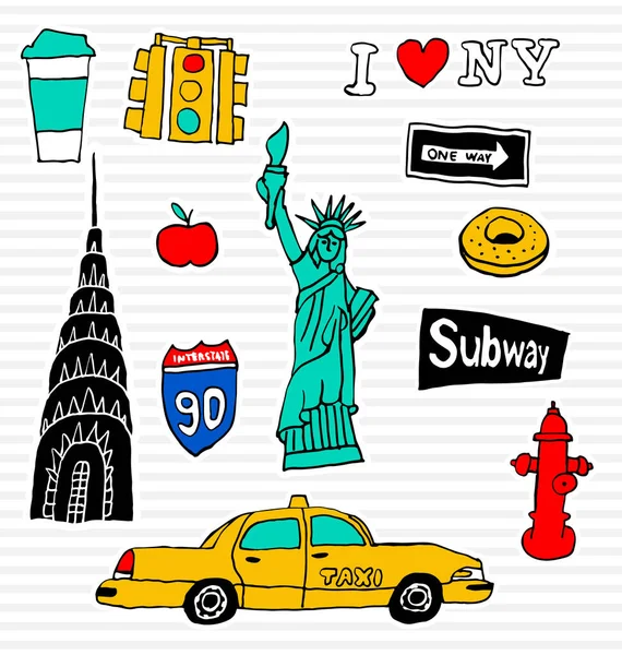 Vettore Disegnato Mano Doodle Set Viaggi Turismo New York — Vettoriale Stock