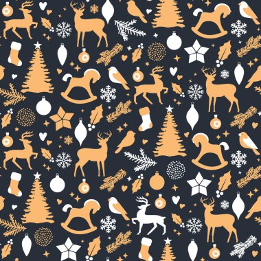 Noel tebrik kartı Tasarımı Ağaçlar, geyikler, atlar, kuşlar, kar taneleri