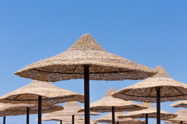 Plaj şemsiyeleri ve mavi gökyüzü arka plan