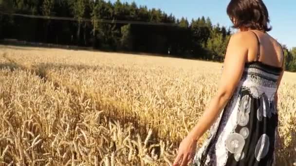 Красотка средних лет в летнем платье прогулка по сельской местности — стоковое видео