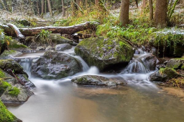 林子里小山溪上的瀑布 长长的曝光照 像牛奶一样的水 — 图库照片