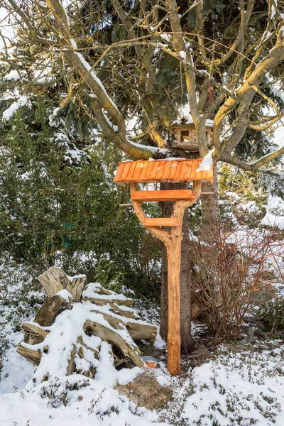 Casa Pássaro Madeira Caseira Alimentador Instalado Jardim Inverno Dia Nevado — Fotografia de Stock